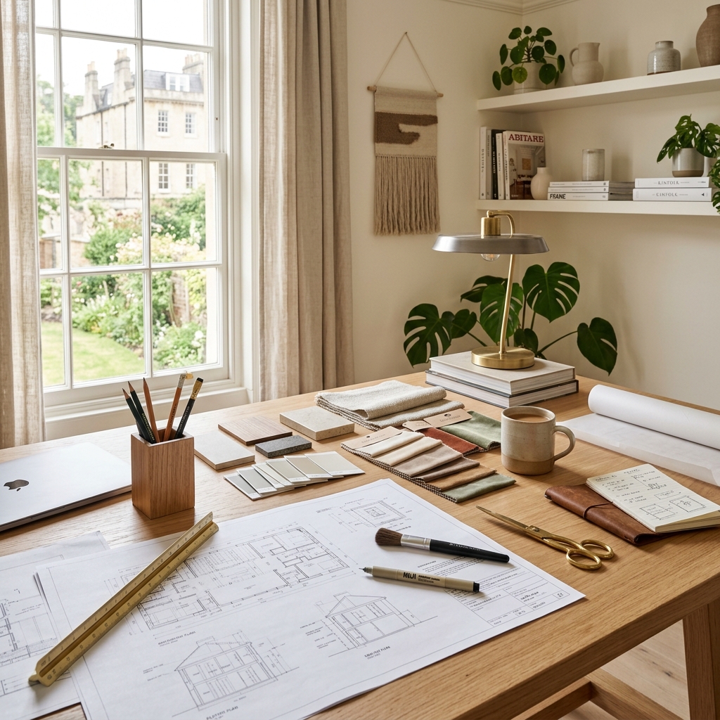 Espace de travail d'architecture intérieure avec plans et échantillons